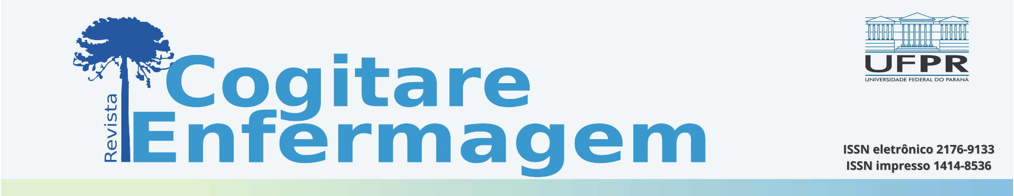 Banner of the Cogitare Enfermagem magazine. On the left, the name 'Cogitare Enfermagem' appears in blue, with the word 'Revista' vertically next to an illustration of an araucaria tree. In the upper right corner, the logo of the Federal University of Paraná (UFPR), represented by an illustration of the historic building. Below the logo, the ISSN numbers: 2176-9133 (electronic) and 1414-8536 (printed). The background has a soft gradient in shades of blue and green